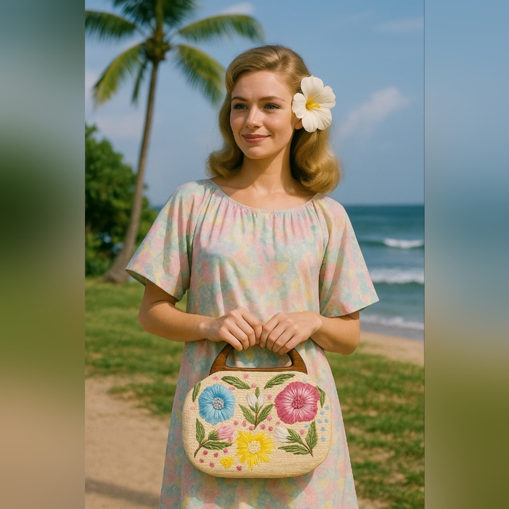Vintage 1960s Hawaiian Raffia Floral Handbag — Wooden Handle — Hand-Embroidered - Picture 2 of 14